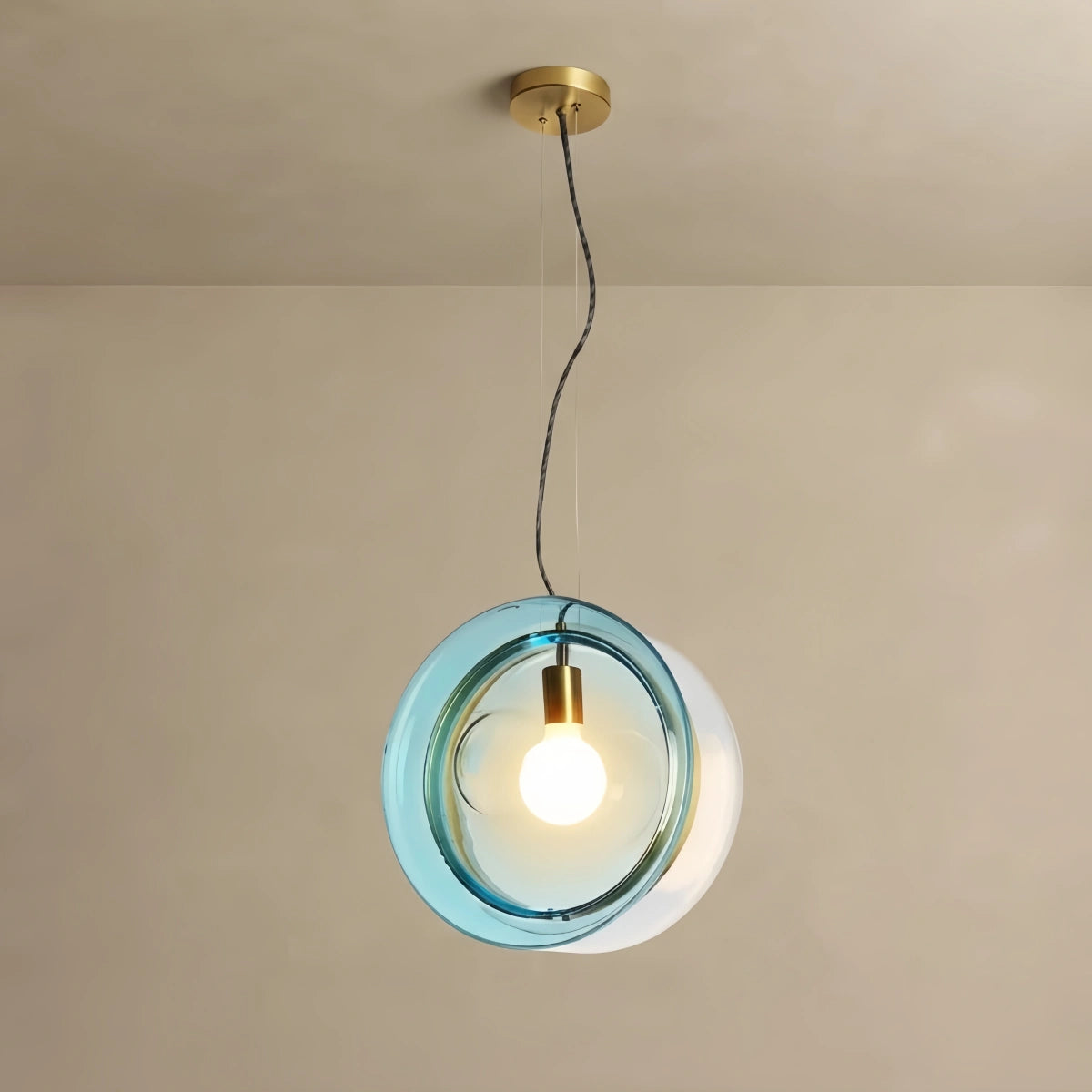 Morandia Designer Round Pendant Light – Blue/Pink/Clear Glass & Metal for Living Room