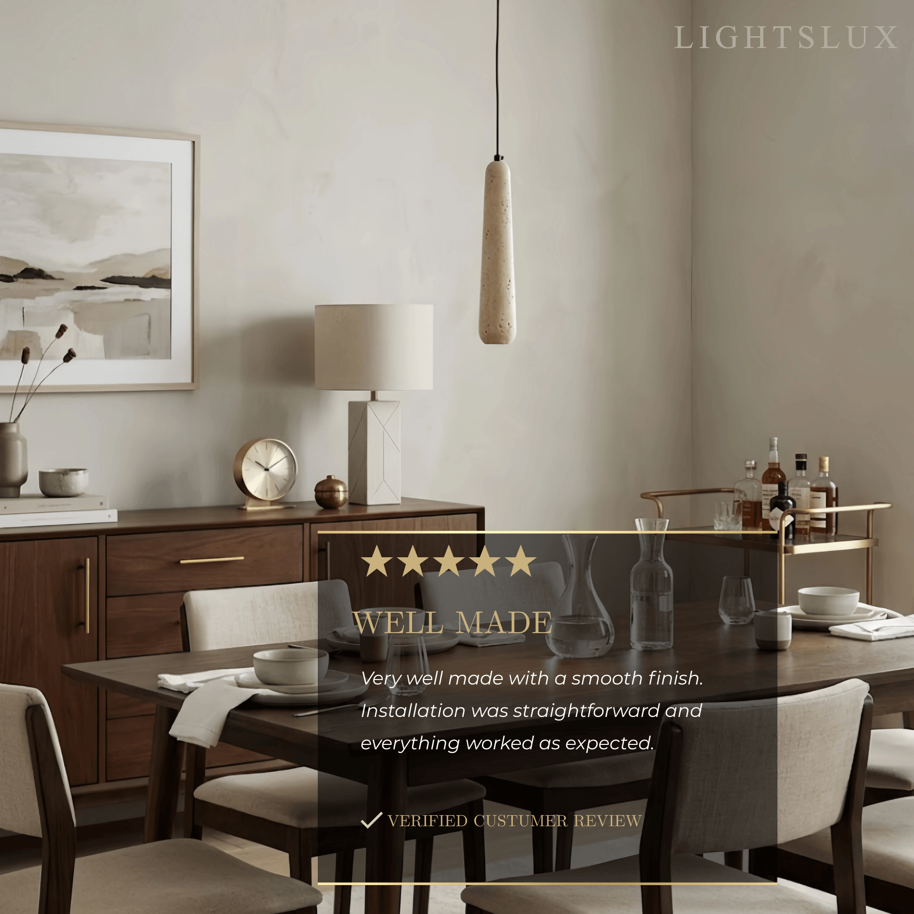 Zenno Modern Pendant Light — Natural Wood & Stone Cylinder for Dining Room