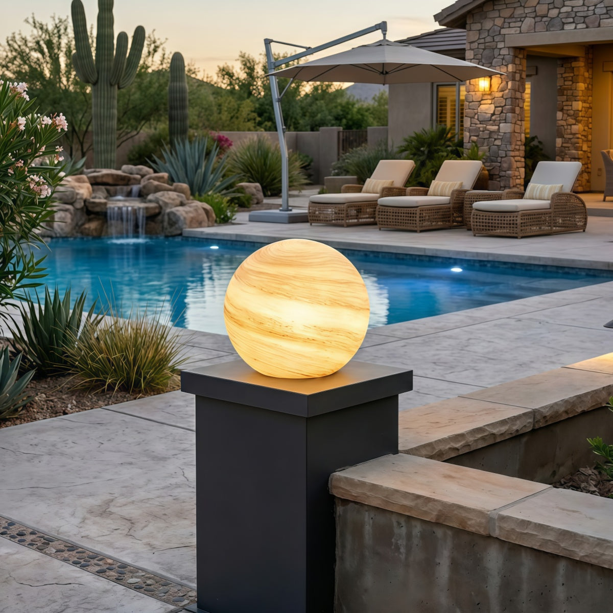 Lunara Art Deco Globe Outdoor Post Light – Moon-Shaped Metal/Glass Solar Pillar Lamp