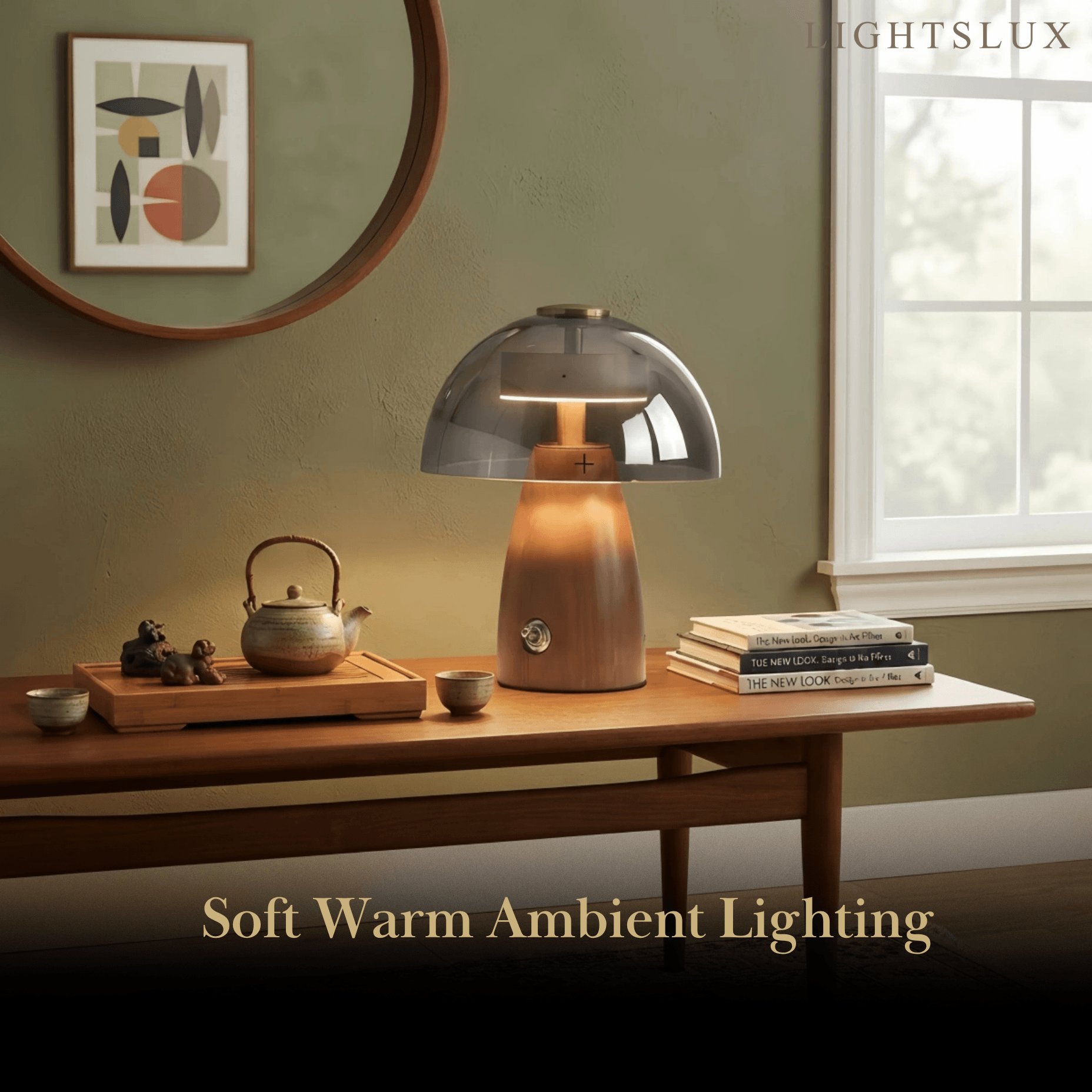 Vintage Table Lamp — Rubber wood & Smoked Glass for Bedroom