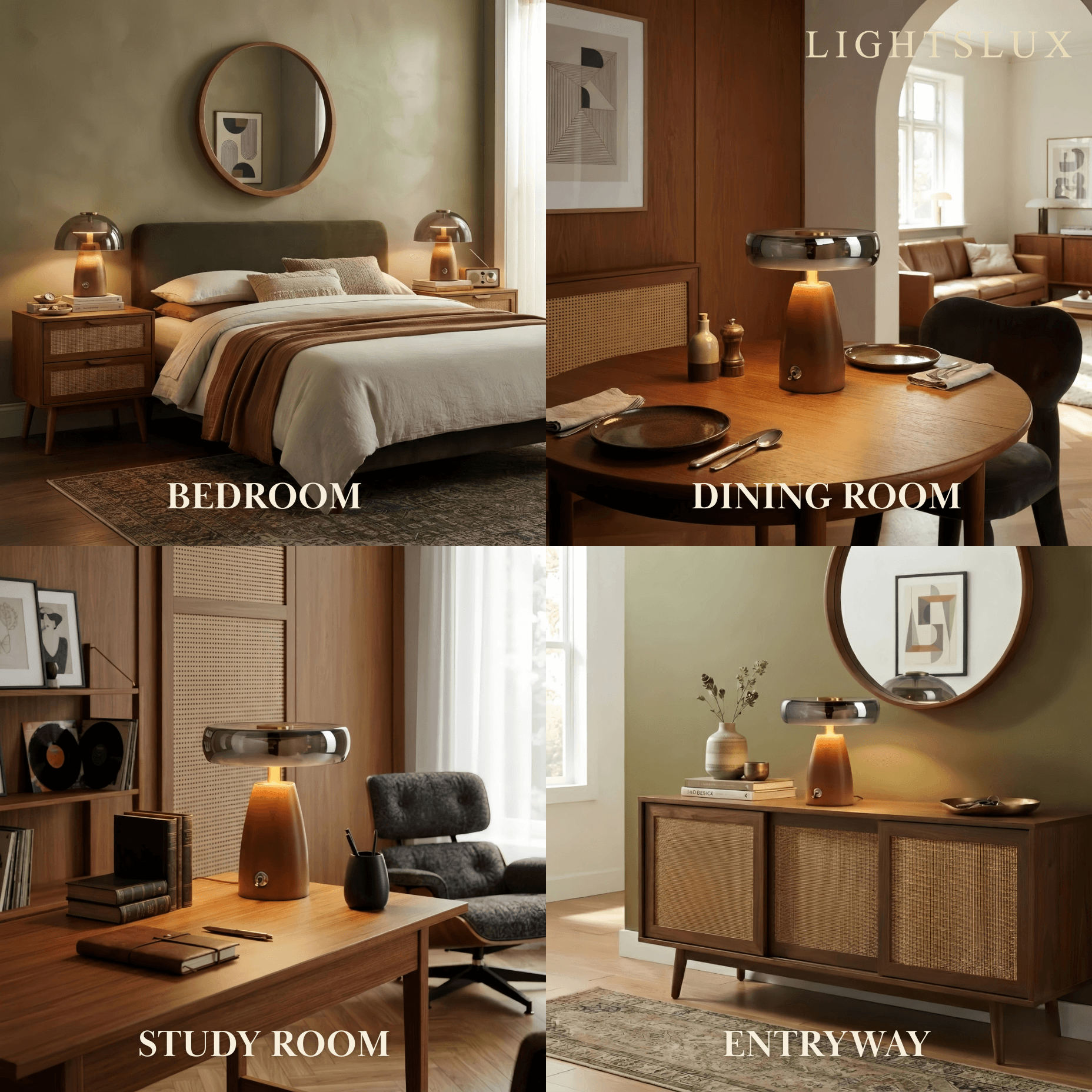 Indoor Vetro Vintage Table Lamp — Rubber wood & Smoked Glass for Bedroom Study