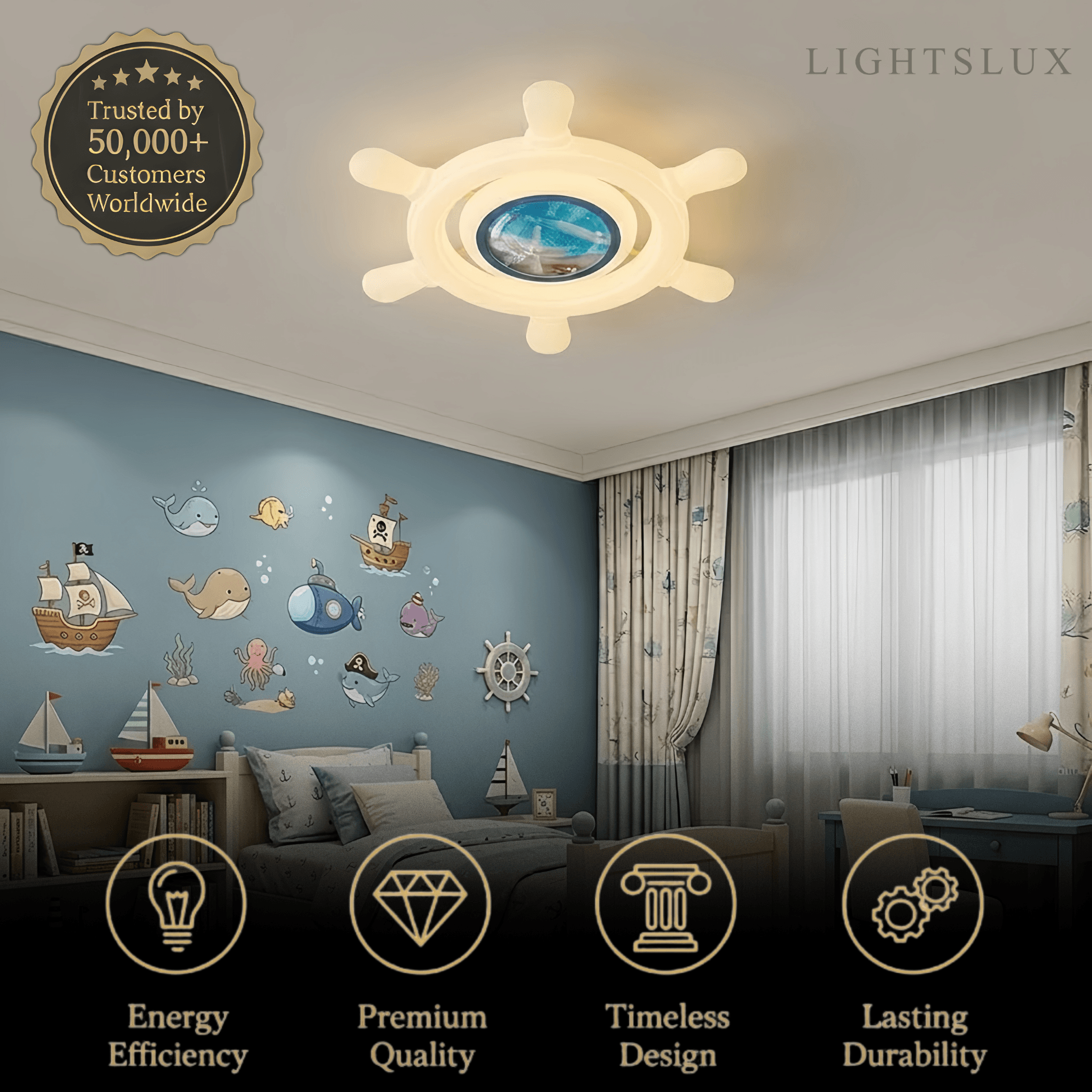 Art Deco Ship's Helm Ceiling Light -- Iron & PE Dimmable White/Blue for Bedroom