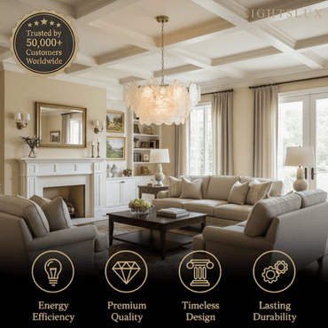 Chandelier — Rippled Wavy Glass Panels & Iron Frame for Living Room