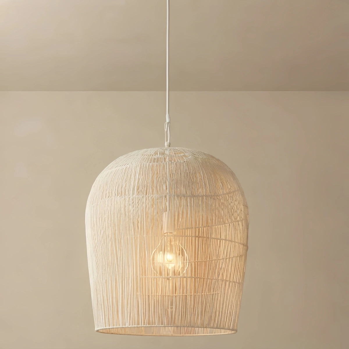 Bamburo Farmhouse Hooded Pendant Light — Black/White Rattan for Bedroom/Dining Room