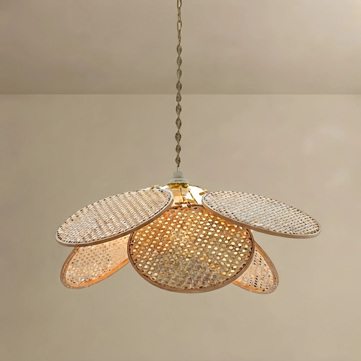 Bamburo Farmhouse Pendant Light - Metal & Rattan Weave Fan Design for Living Room