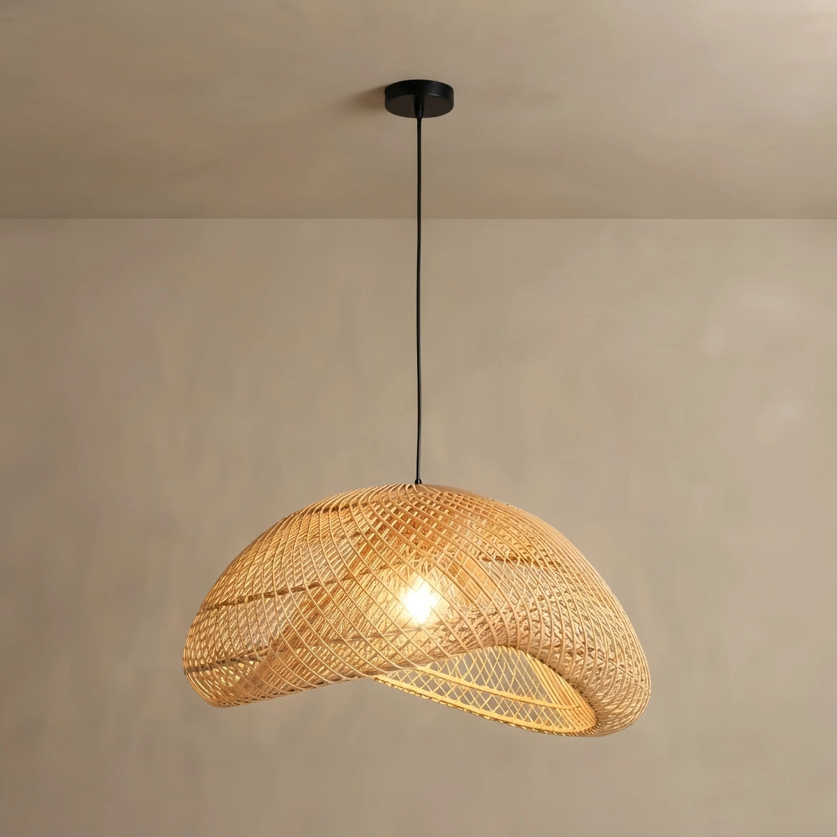 Bamburo Farmhouse Pendant Light — Uneven Metal & Rattan for Dining Room