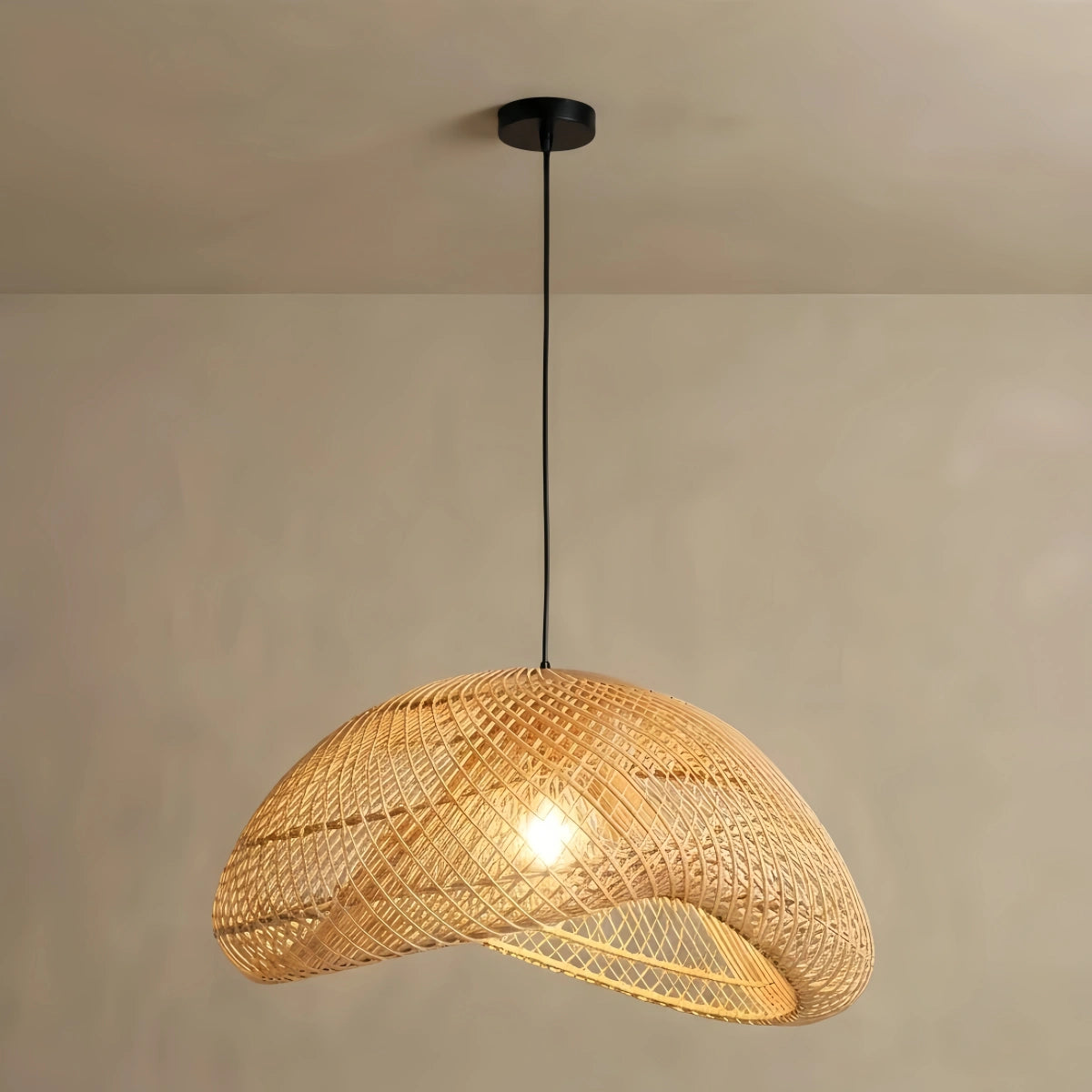Bamburo Farmhouse Pendant Light — Uneven Metal & Rattan for Dining Room