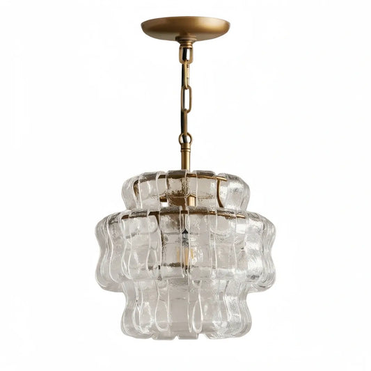 Art Deco Pendant Light -- Curved Textured Glass & Electroplated Brass