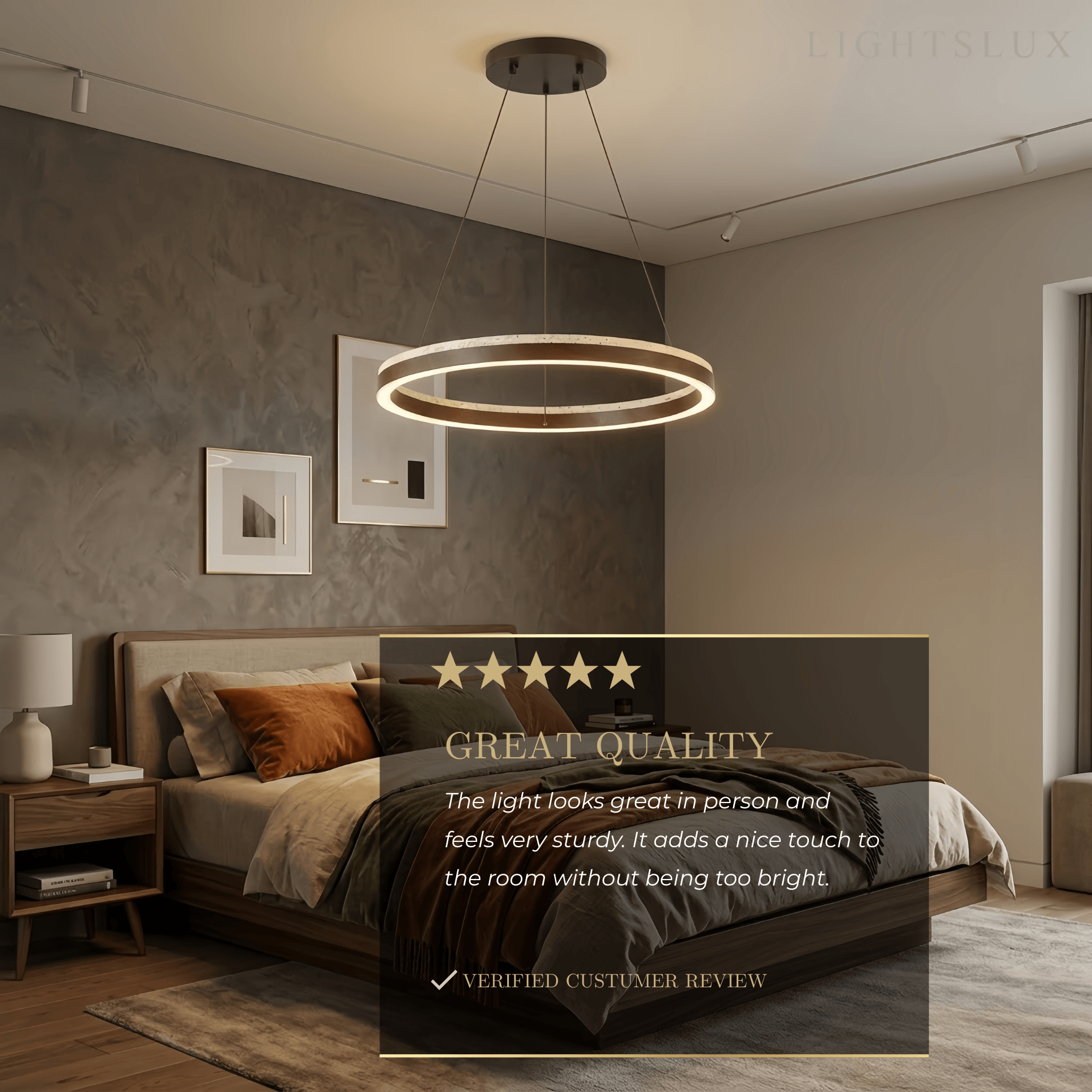 Minimalist Ring Chandelier – Travertine & Wood Walnut Beige