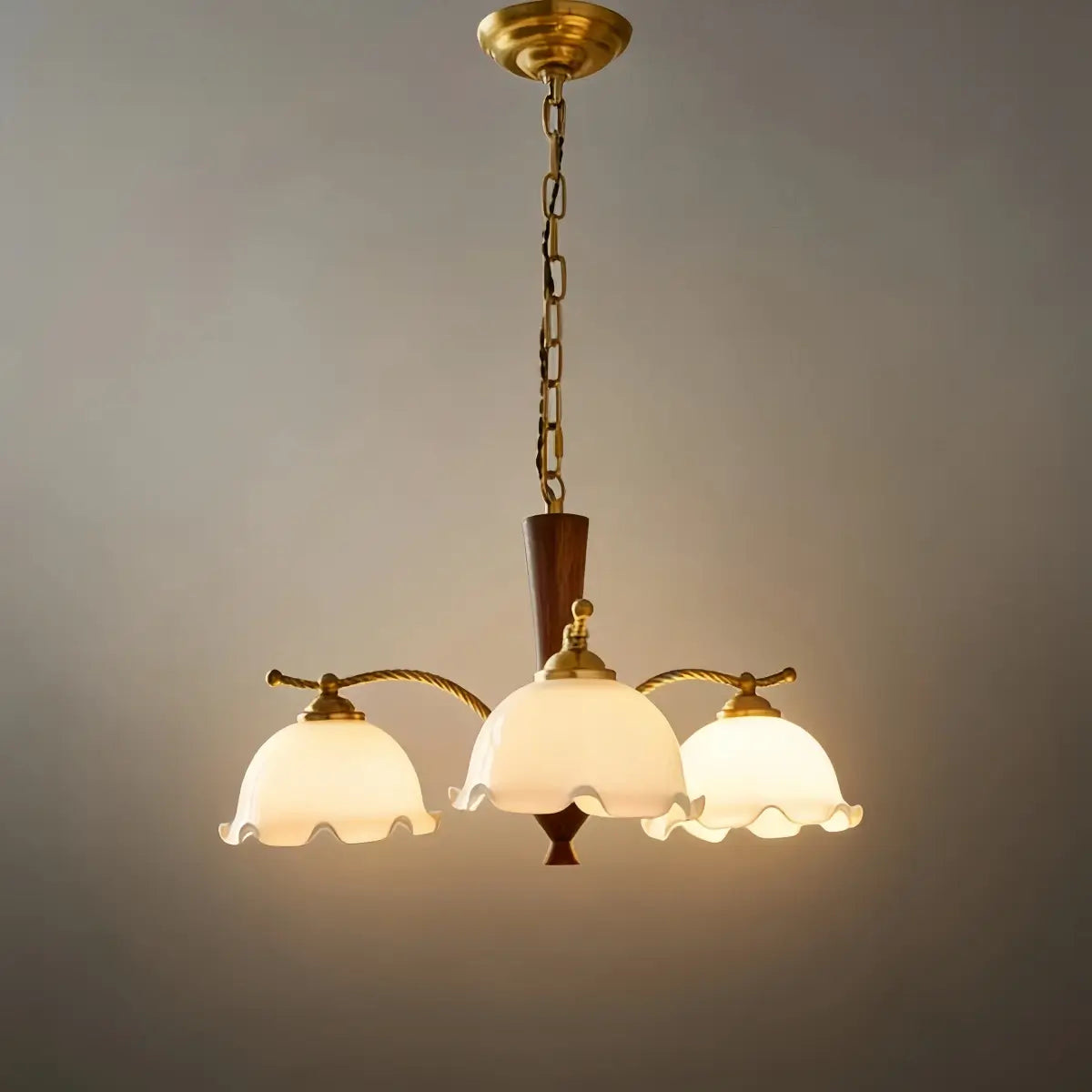 Excelis Iron Glass Walnut Wood Chandelier