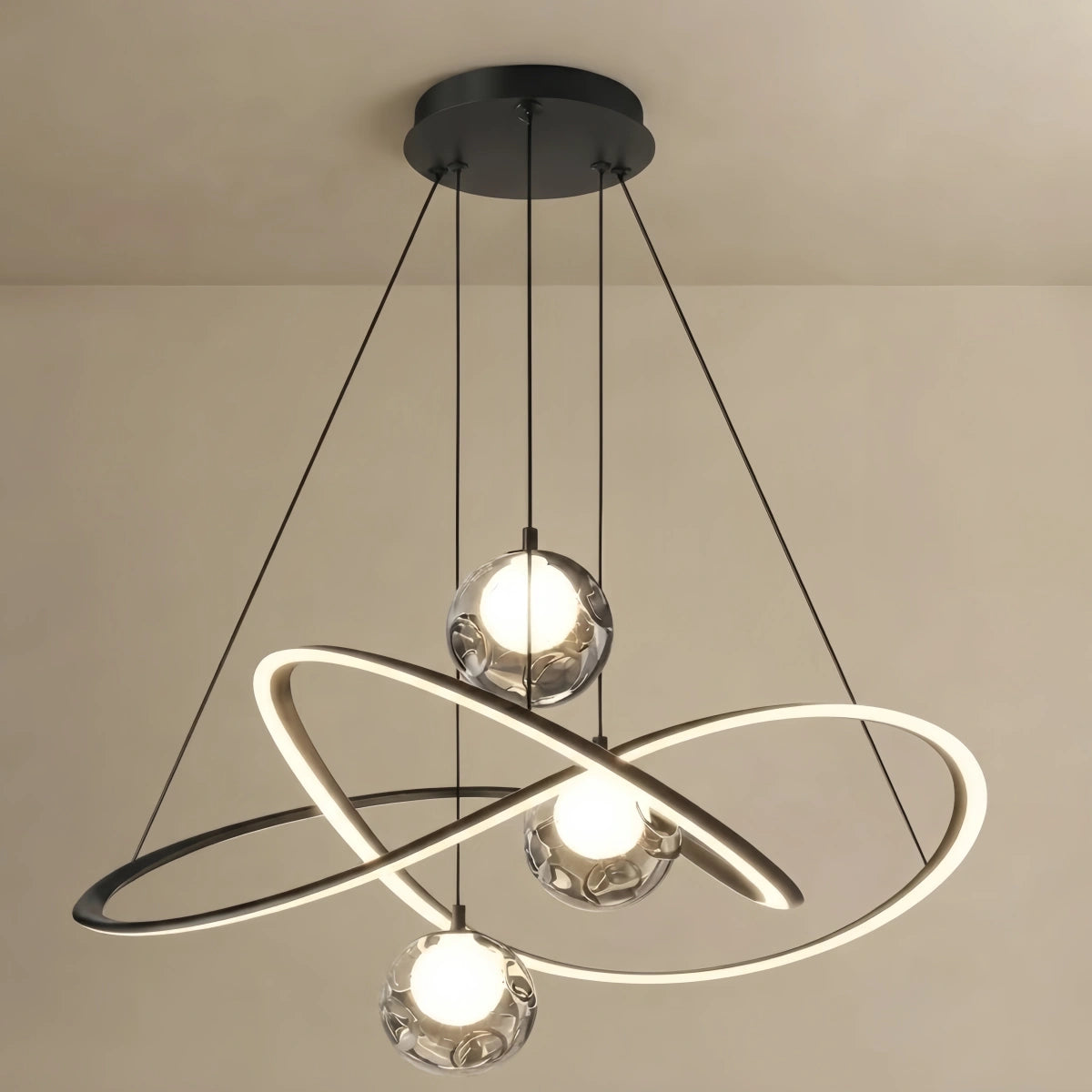 Lunara Minimalist Ring Chandelier — Carbon Steel & Glass with Smoke Grey Globes for Living Room