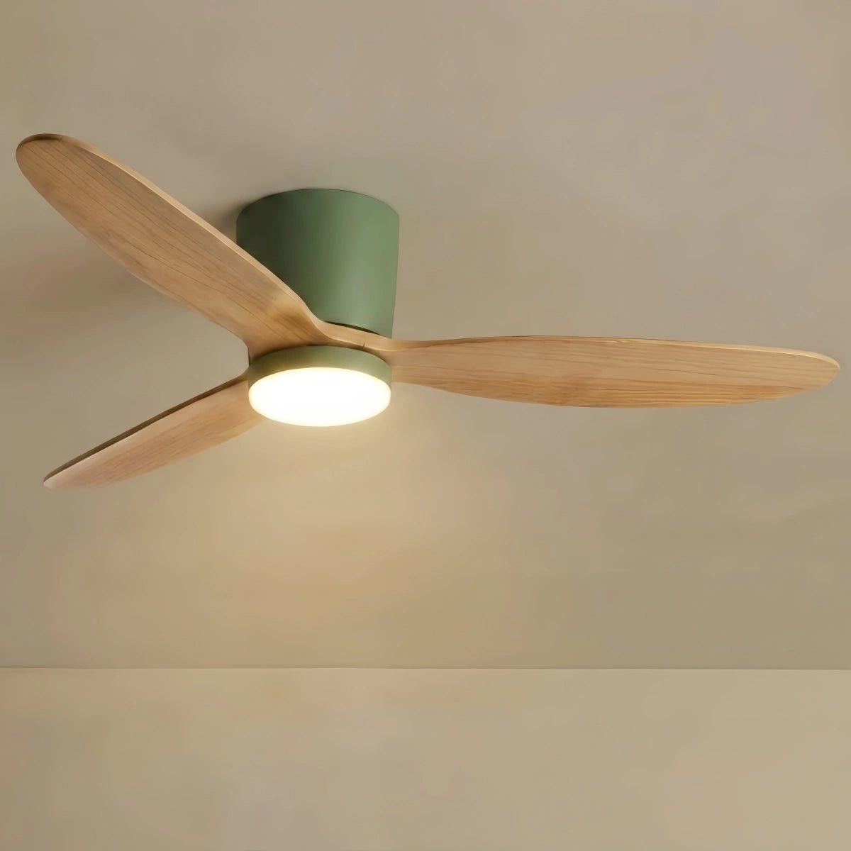 Vivara Minimalist Low Profile Ceiling Fan Light — Wood Finish with Integrated LED for Living Room