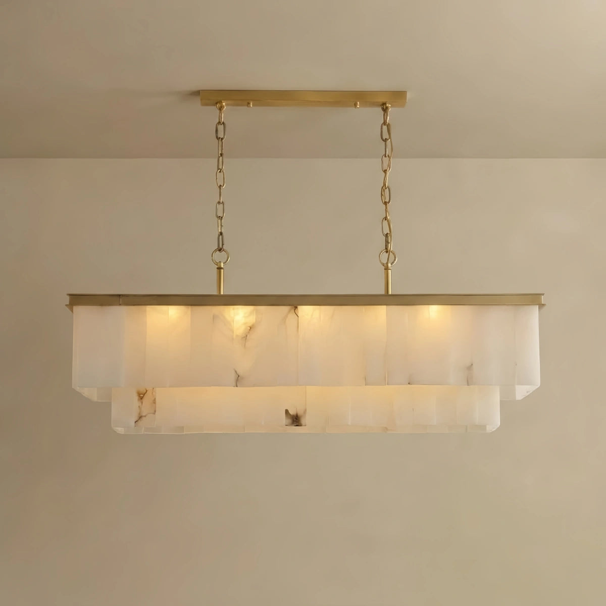 Alba Modern Rectangular Alabaster Chandelier -- Gold Frame for Dining Room Living Room