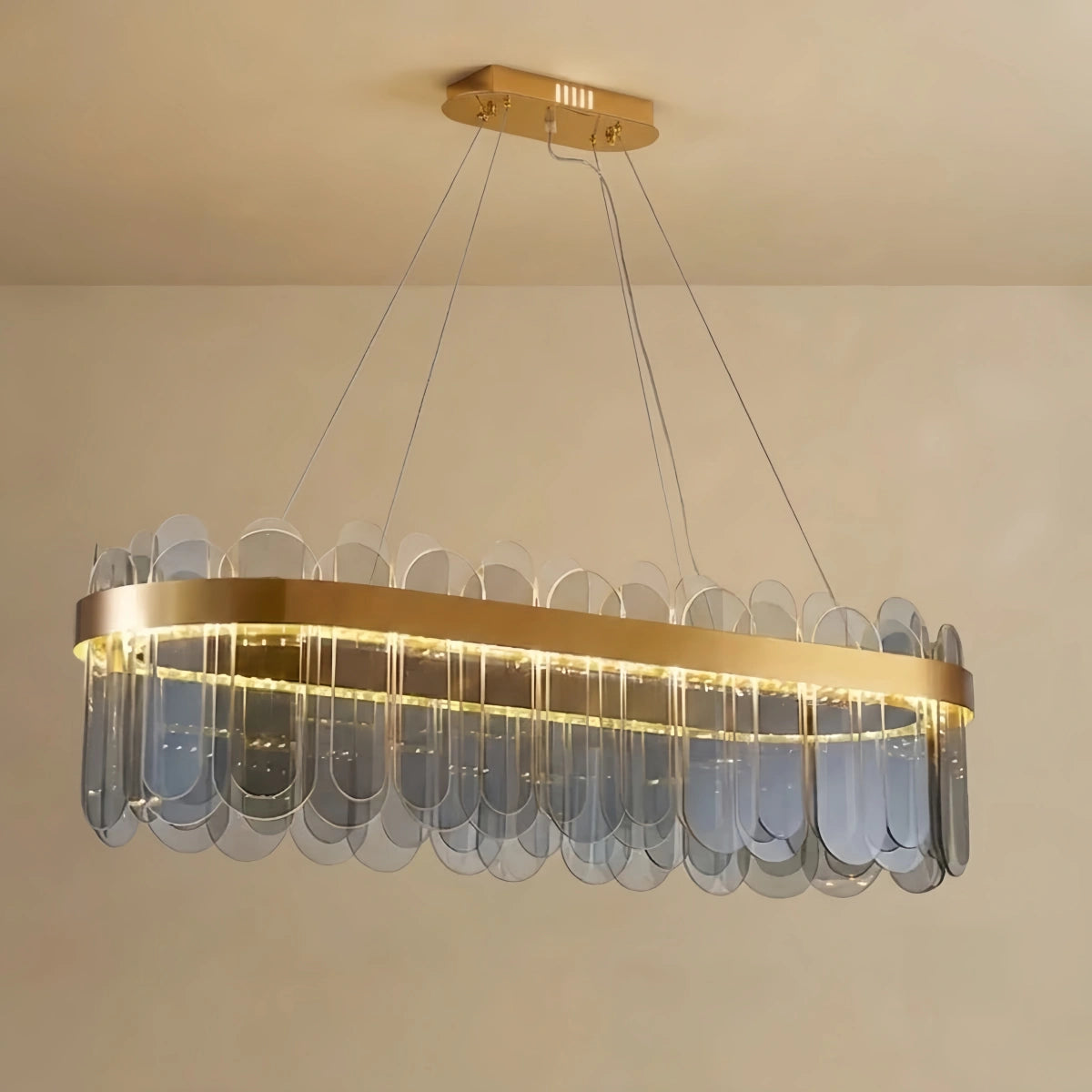 Excelis Elegant Long Oval Glass Chandelier -- Gold with Smoky Gray/Clear Glass for Dining Room Kitchen