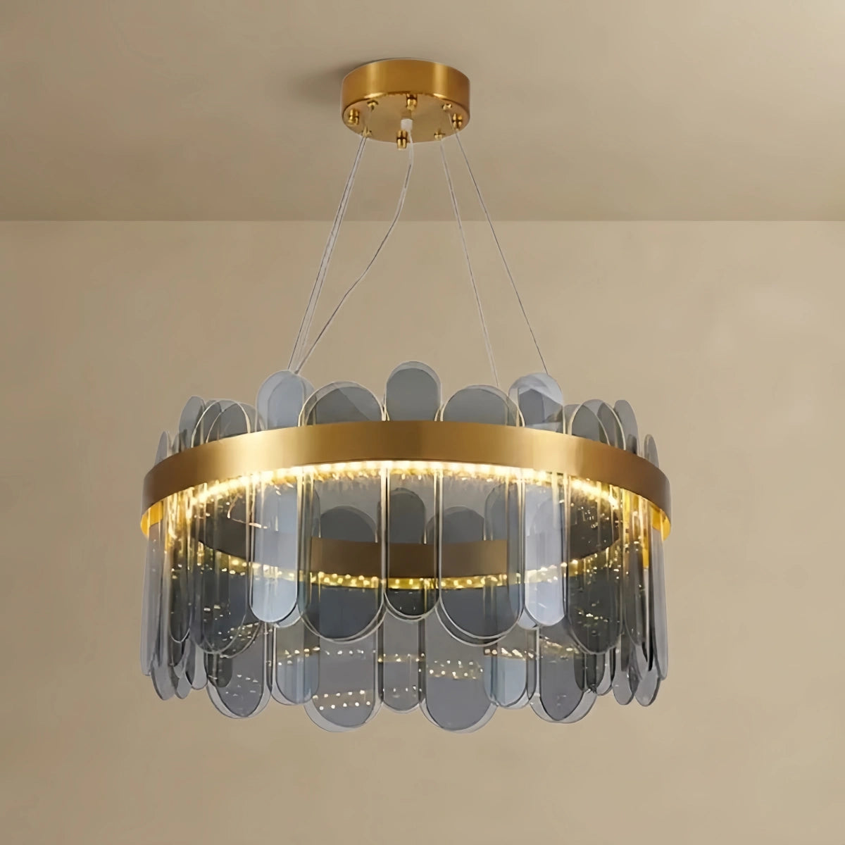 Excelis Elegant Circular Glass Chandelier -- Gold with Smoky Gray/Clear for Living Room