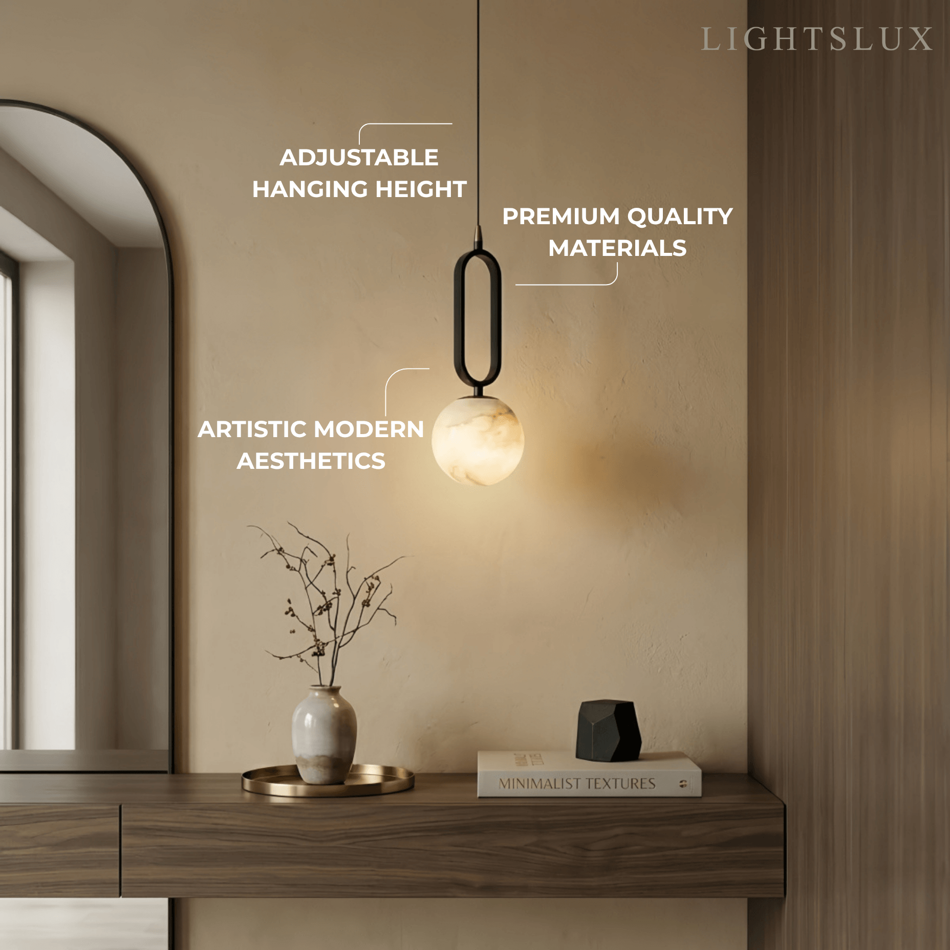 Alba Minimalist Alabaster Pendant Light – White Metal