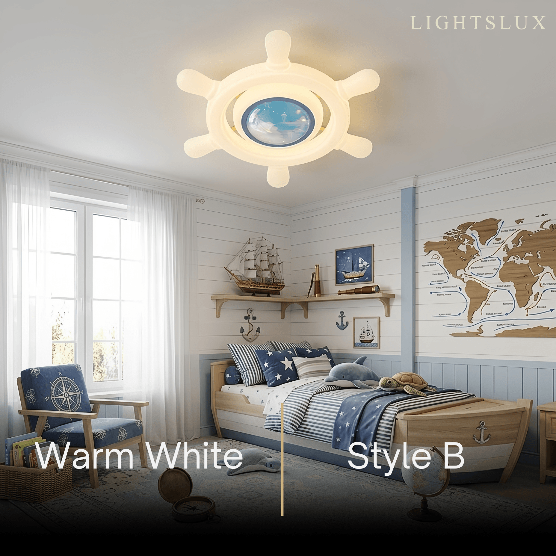 Art Deco Ship's Helm Ceiling Light -- Iron & PE Dimmable White/Blue for Bedroom
