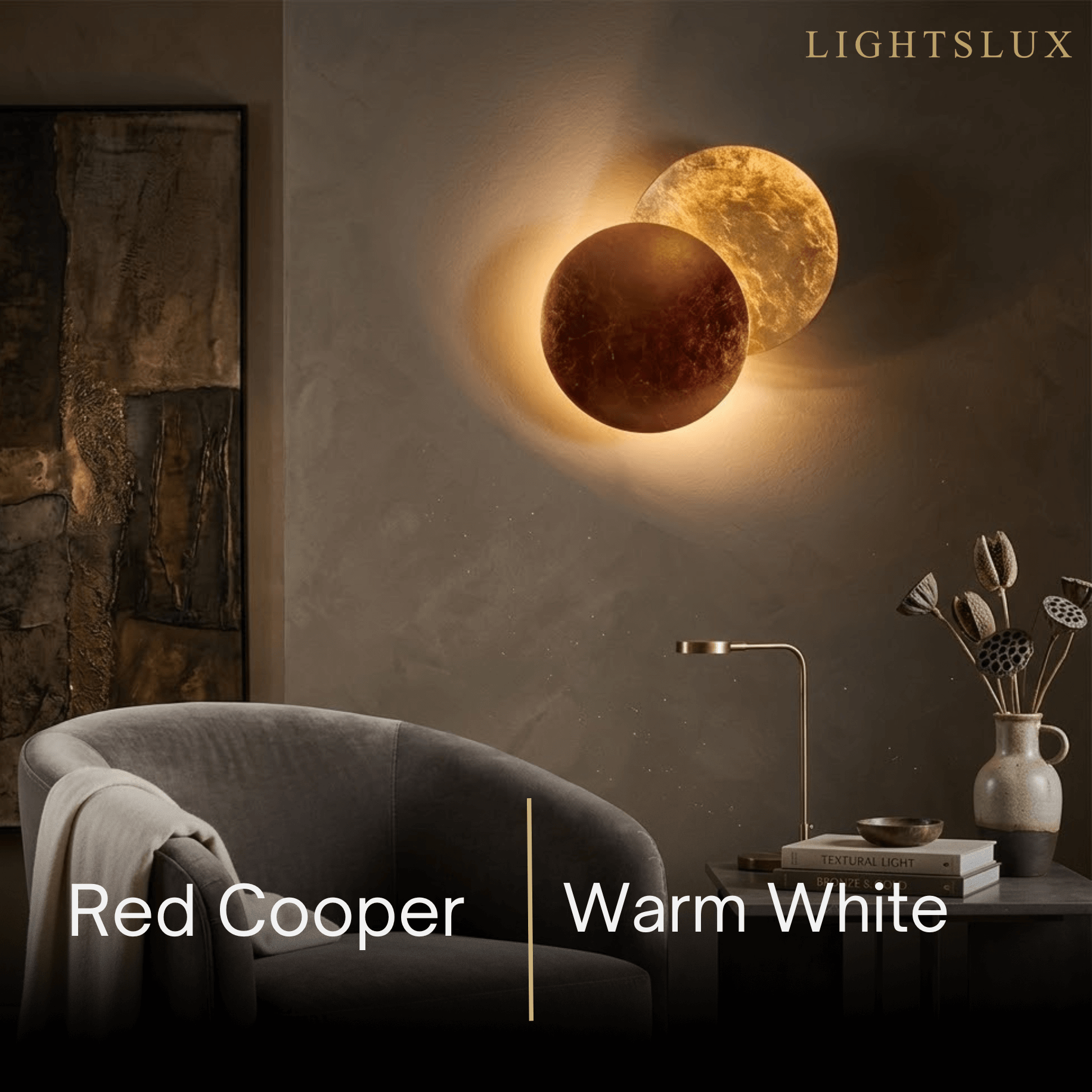 Lunara Nordic Moon LED Wall Lamp – Metal Gold/Red Copper for Bedroom