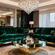Luxurious living room with green velvet sofa and chandelier, showcasing lighting recommendations by room.