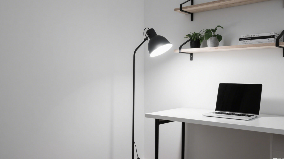 Modern lighting styles for home featuring a black floor lamp and minimalist desk setup.