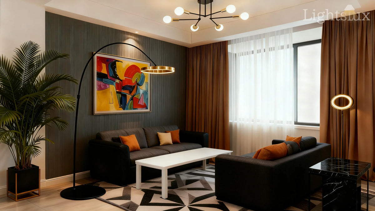 A stylish living room featuring modern LightsLux lighting fixtures that enhance the decor and ambiance.