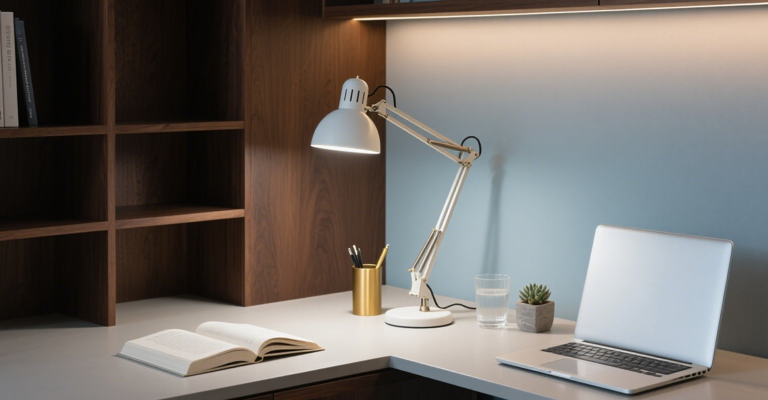 A well-lit home office setup demonstrating the whole-house lighting guide with a desk lamp and laptop.