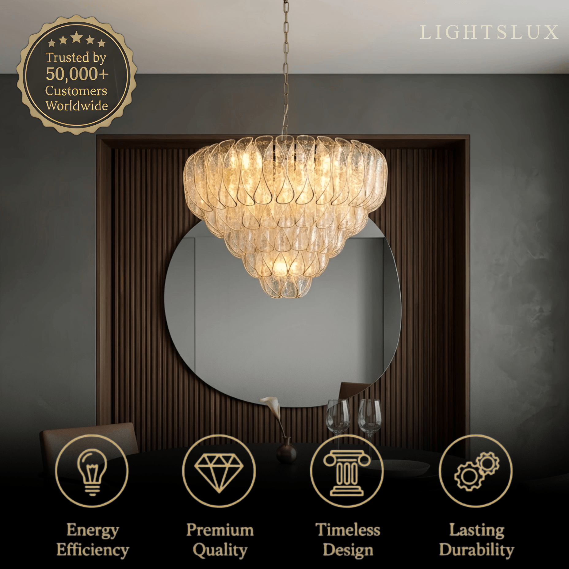 Excelis Luxury Chandelier --Textured Glass & Metal for Living Room