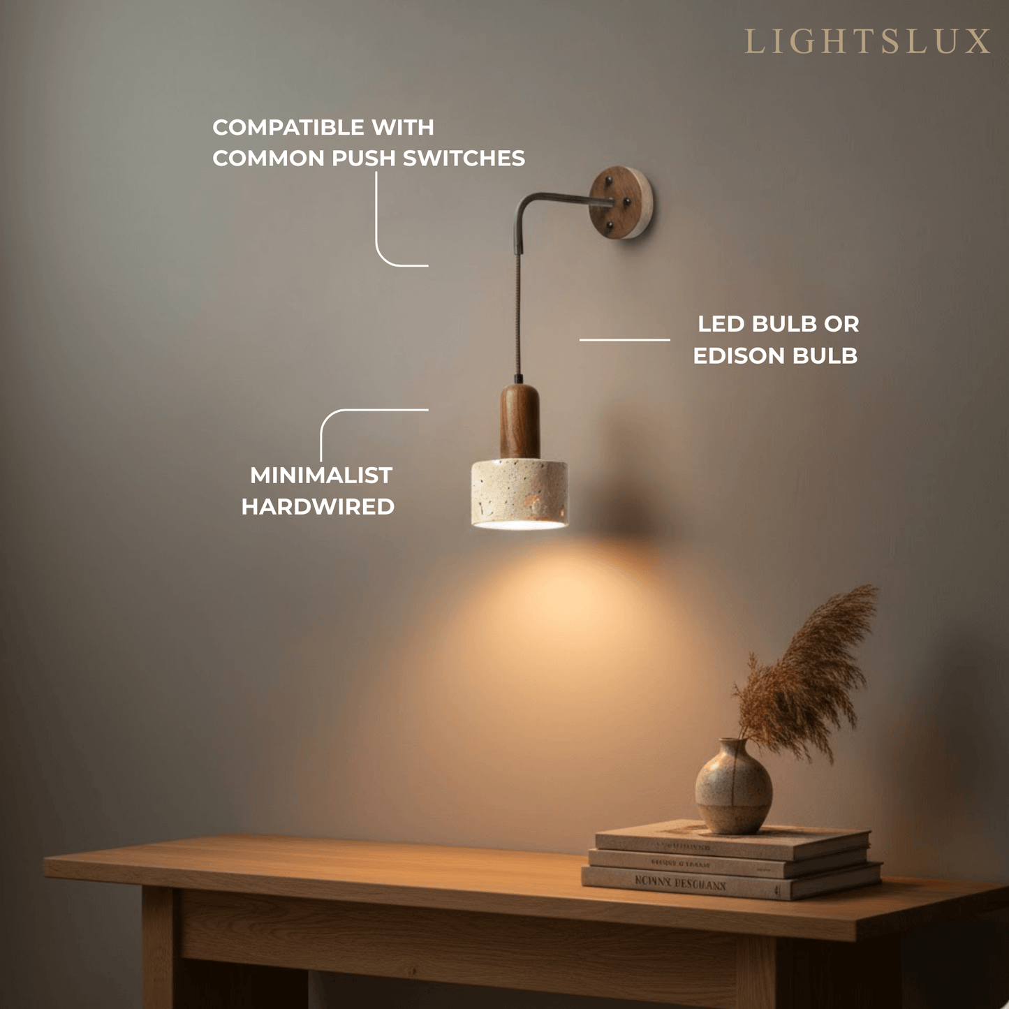 Wall Lamp — Travertine Shade Walnut Wood Socket for Bedside