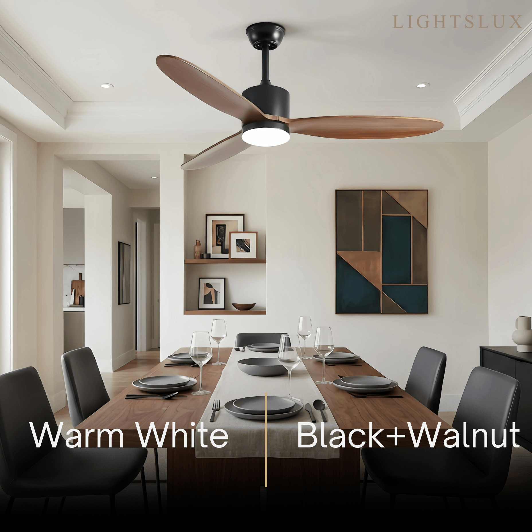 Vivara  Minimalist Ceiling Fan Light -- Metal & Wood Walnut or Oak for Living Room