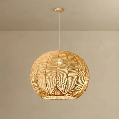 Bamburo Farmhouse Wood Pendant Light – Metal & Rattan Globe for Bedroom