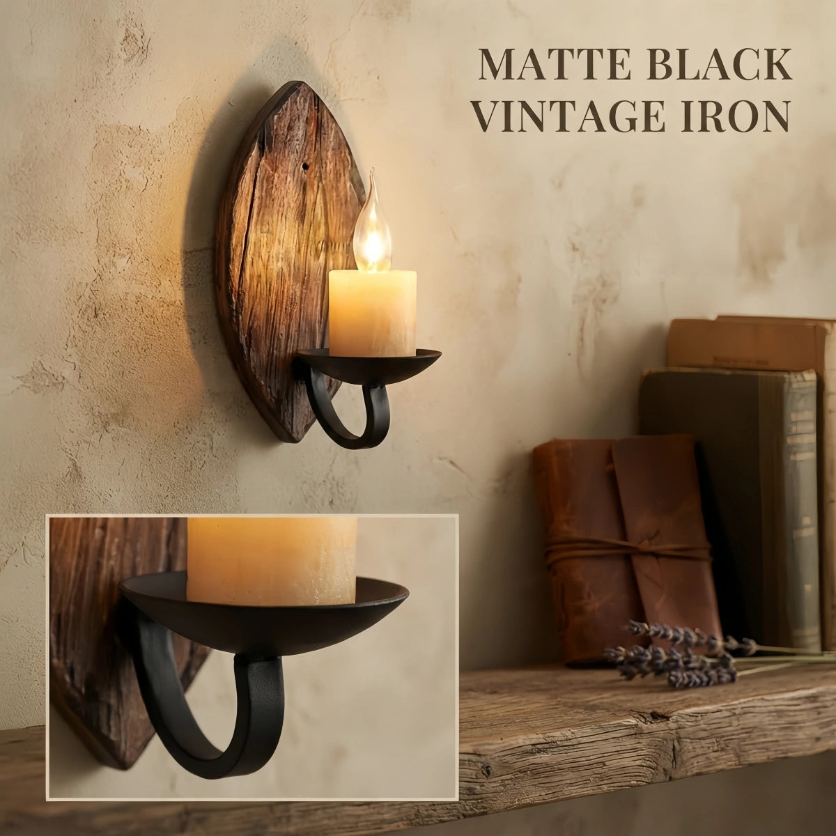 Vintage Wood & Metal Wall Lamp – Conical Burlywood Shade for Dining Room