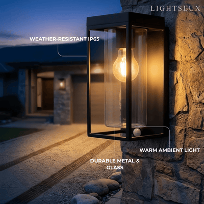 Irondale Modern Rectangular Solar Wall Lamp with Sensor – Black Metal/Glass Outdoor