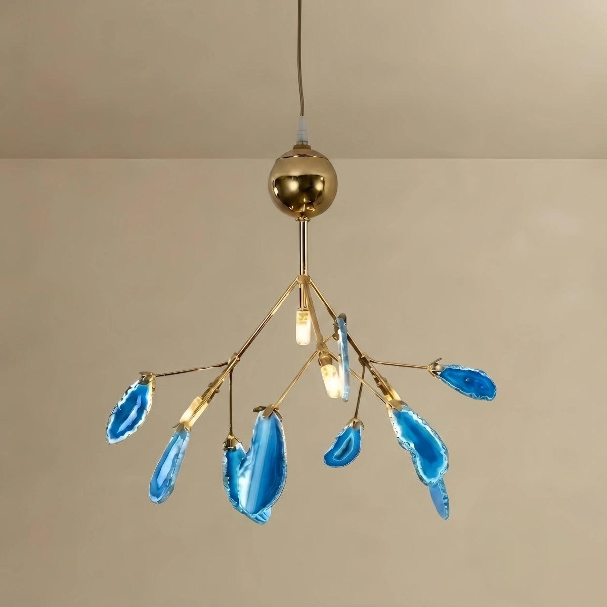 Excelis Art Deco Natural Agate Chandelier - Leaf Design in Blue/Green/Colorful