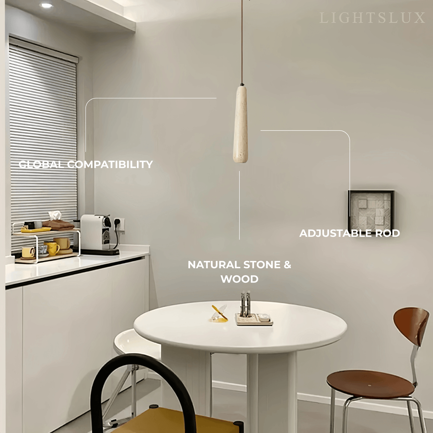 Zenno Modern Pendant Light — Natural Wood & Stone Cylinder for Dining Room
