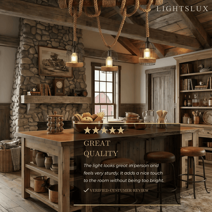 Irondale Vintage 3-Light Pendant Lamp – Wood & Rope Design for Dining Room