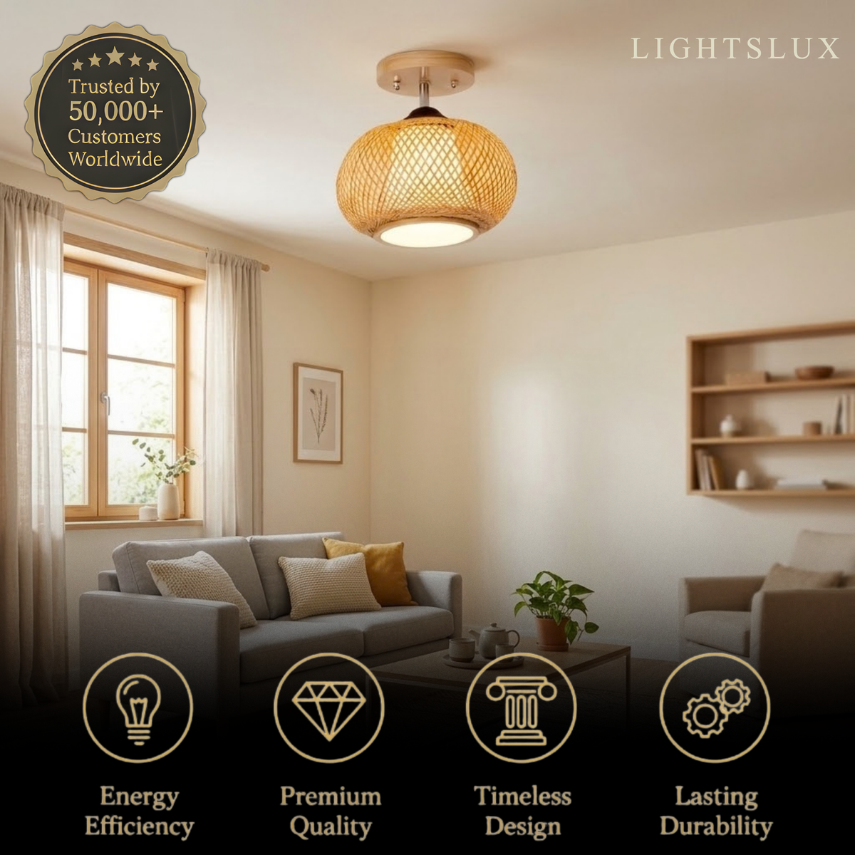 Bamburo Rustic Boho Rattan Ceiling Light – Bamboo Flush Mount for Hallway
