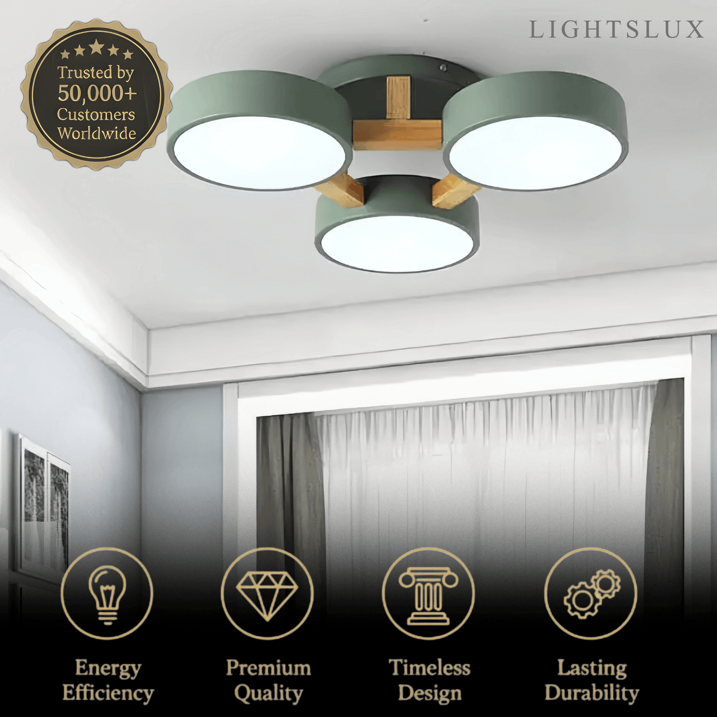 Round Ceiling Light – 3-Color Fixture with Three Heads Bedroom