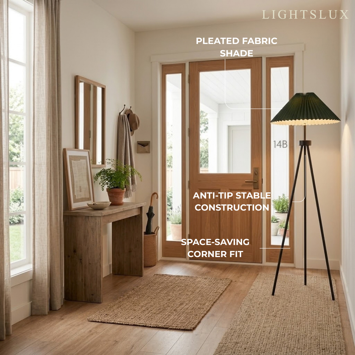 Irondale Modern Floor Lamp - Dark Green & White Tripod with Pleated Fabric for Entryway