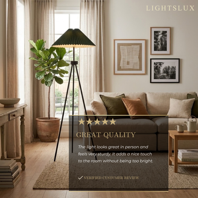 Irondale Modern Floor Lamp - Dark Green & White Tripod with Pleated Fabric for Living Room