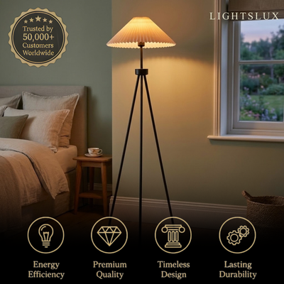 Irondale Modern Floor Lamp - Dark Green & White Tripod with Pleated Fabric for Bedroom