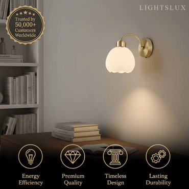Crema Modern  Gold Floral Wall Lamp – Metal/Glass Fixture for Bedroom