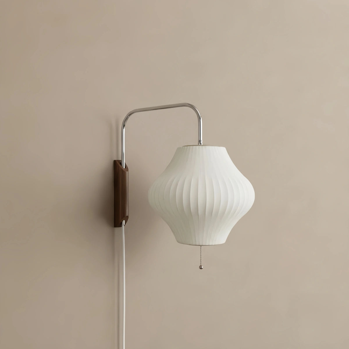 Velora Modern Plug-In Wall Lamp -- Polymer Steel Walnut Metal Chrome & Walnut with White Shade