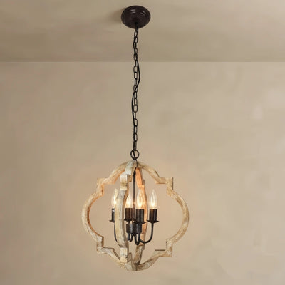 Vintage Wood Pendant Light- 4-Light Candle Lantern for Dining Room