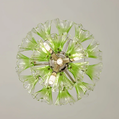 Vetro Mid-Century Glass Chandelier -- Green Ruffled Petals for Dining Room Detail