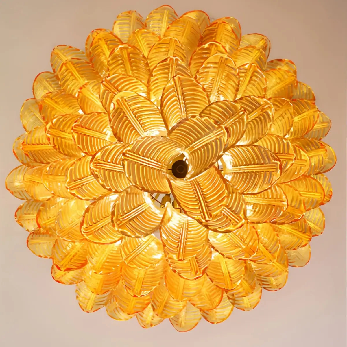 Excelis Luxury Glass Chandelier -- Amber Cascading Leaves for Dining Room Detail