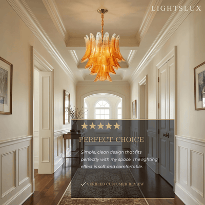 Excelis Luxury Glass Chandelier -- Amber Cascading Leaves for Dining Room/Hallway