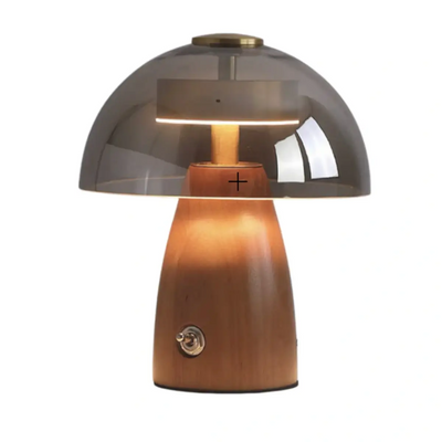 Vintage Table Lamp — Rubber wood & Smoked Glass for Bedroom Study
