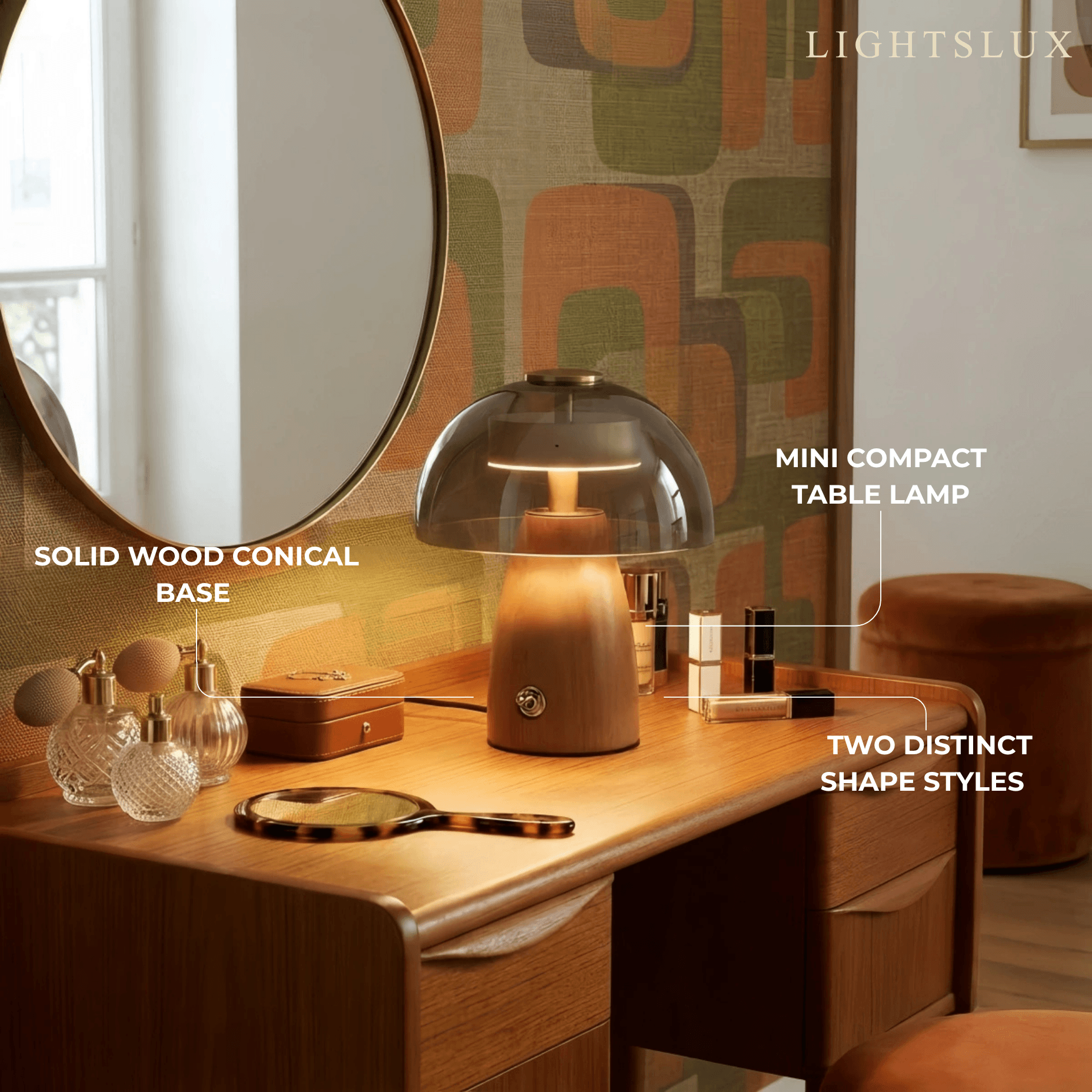 Vintage Table Lamp — Rubber wood & Smoked Glass for Bedroom