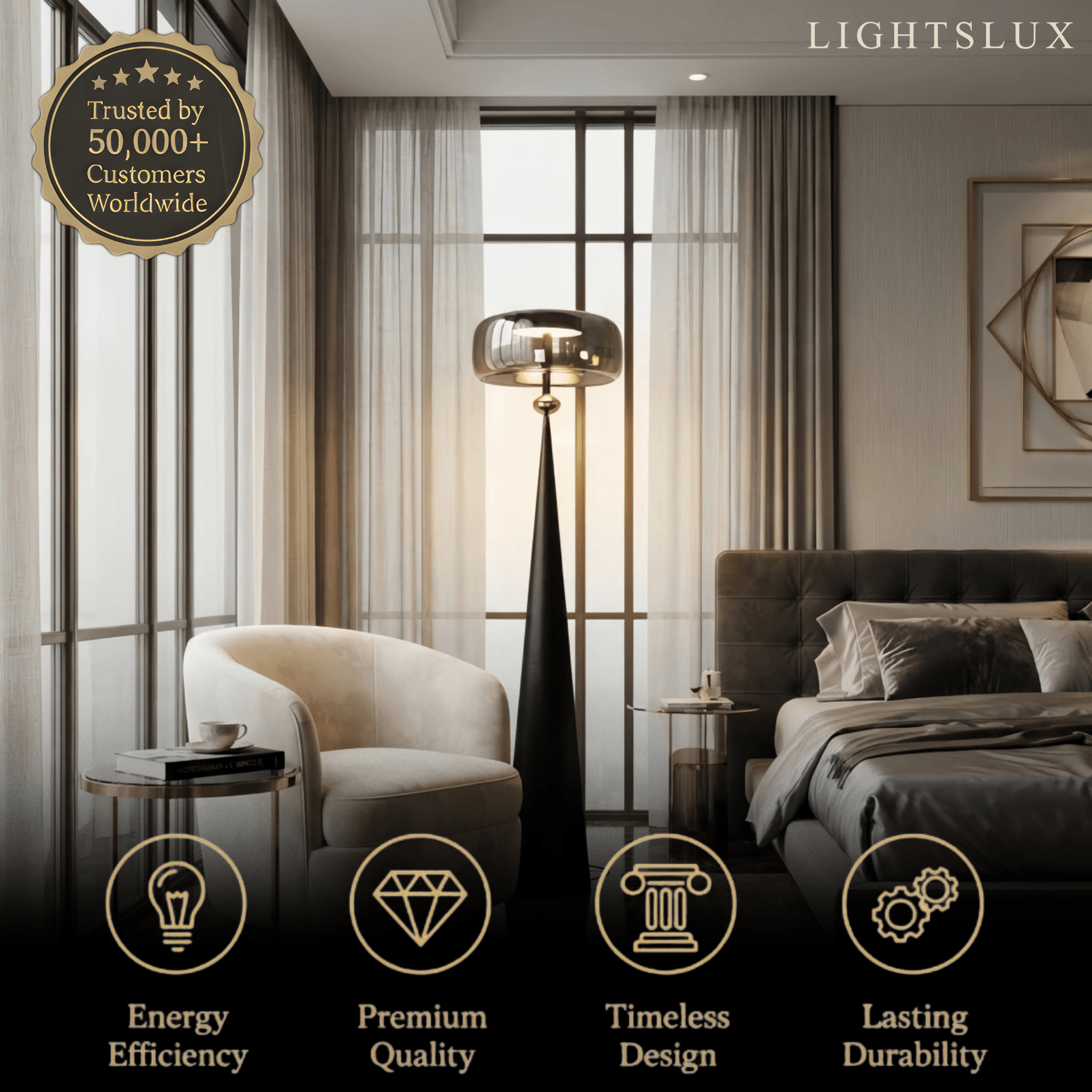Modern Glass Floor Lamp -- Black Metal & Smoke Grey/Amber for Living Room