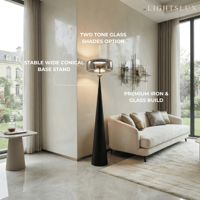 Modern Glass Floor Lamp -- Black Metal & Smoke Grey/Amber for Living Room